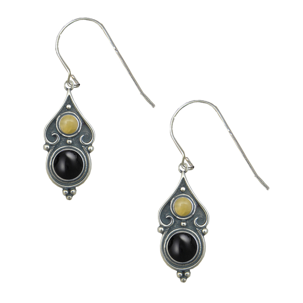 Sterling Silver Designer Post Stud Earrings With Black Onyx And Yellow Aragonite